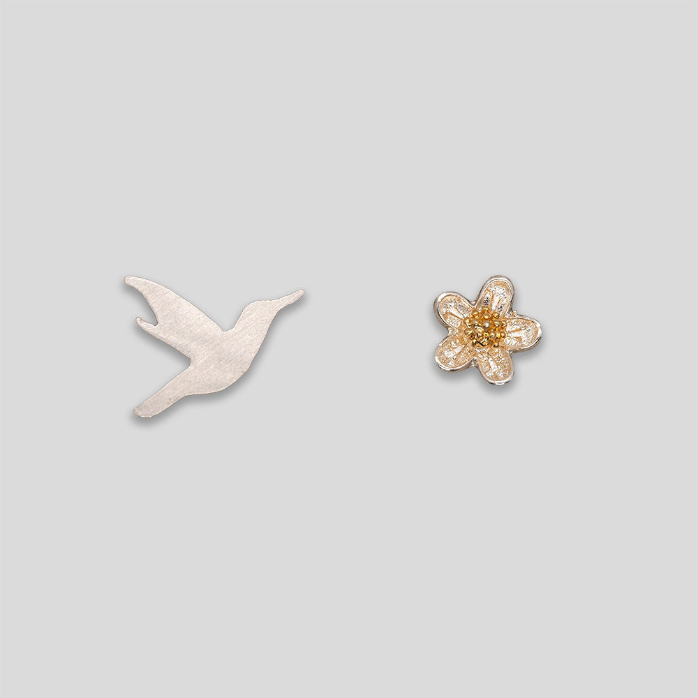 Bird & Flower Studs - Silver