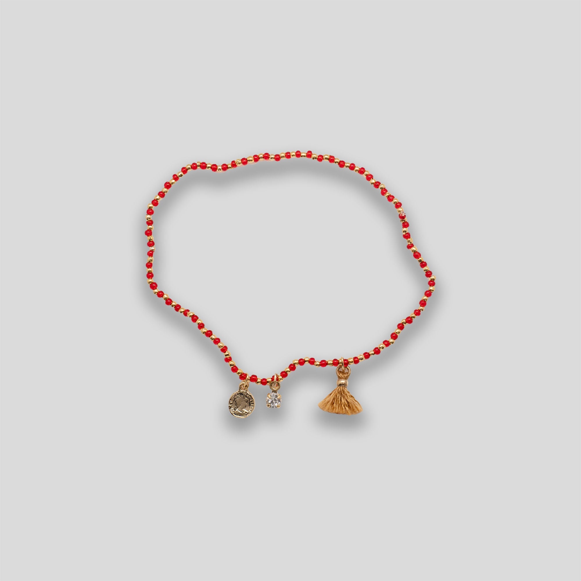 Coin & Tassel Beaded Bracelet - Red