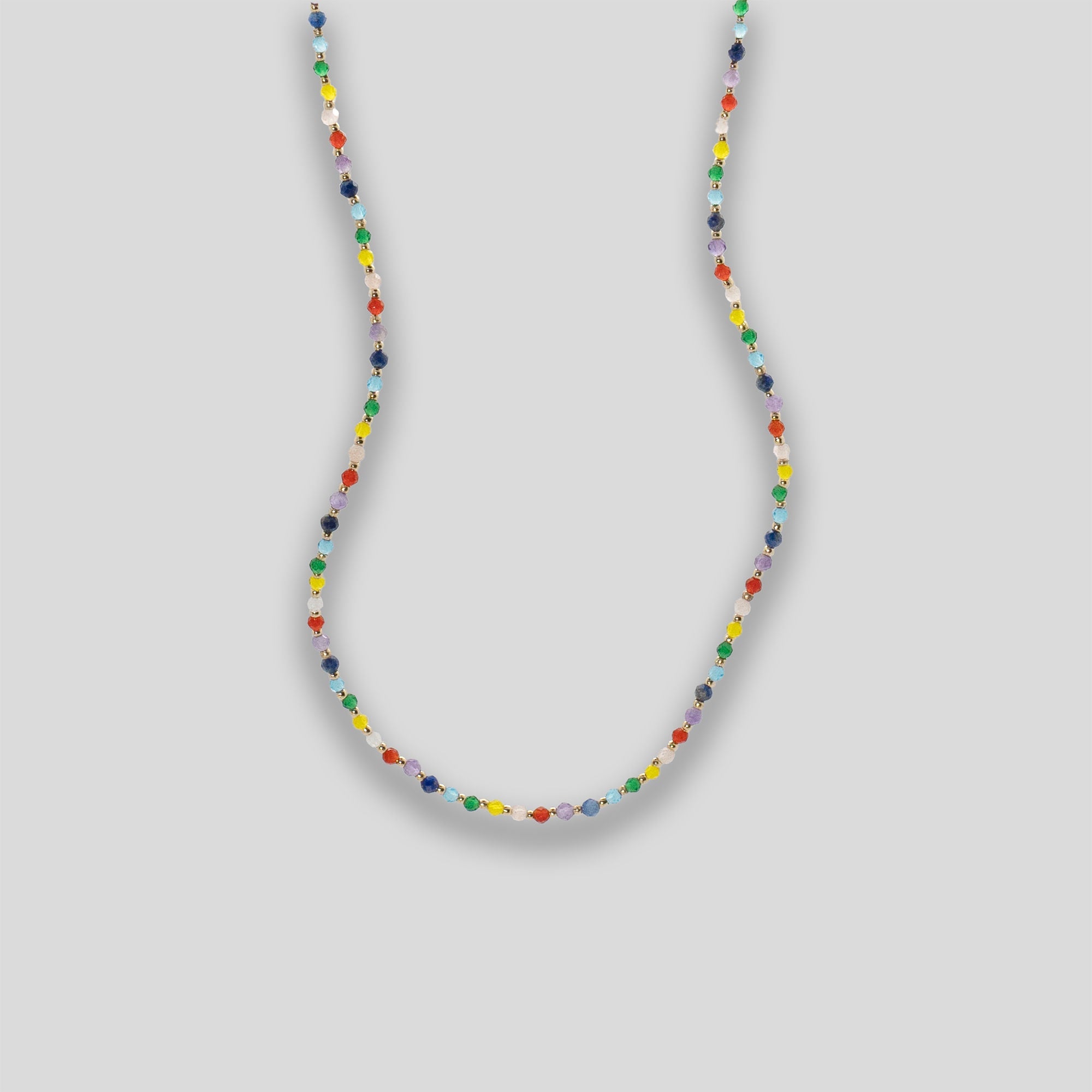 Long Crystal & Gold Dot Necklace - Rainbow Multi