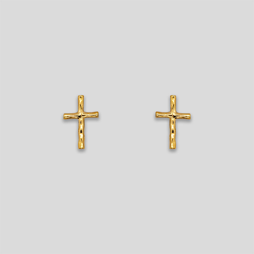 Mini Aged Cross Studs - Gold