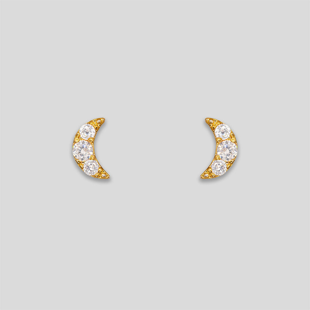 Mini Rhinestone Moon Studs - Gold