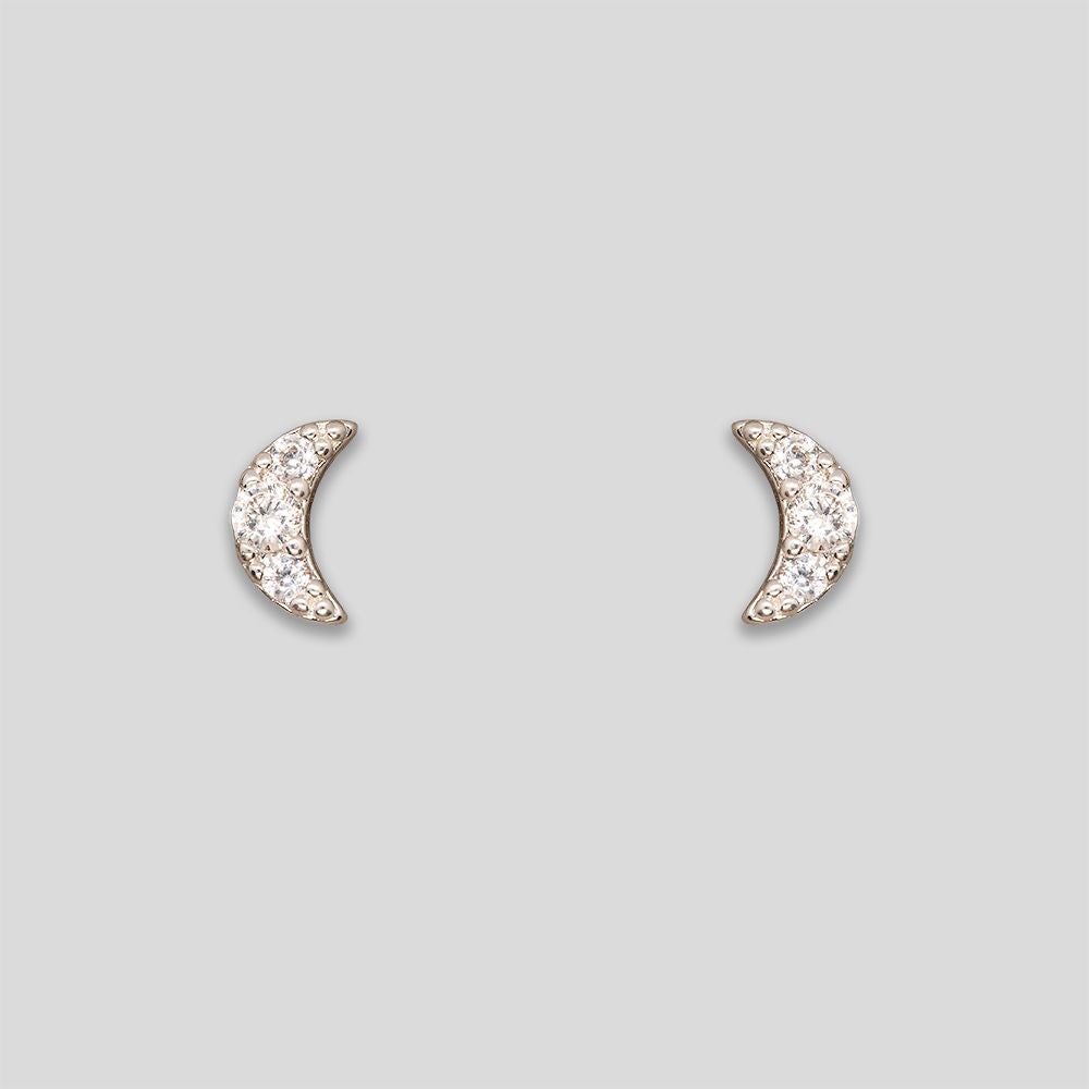 Mini Rhinestone Moon Studs - Silver