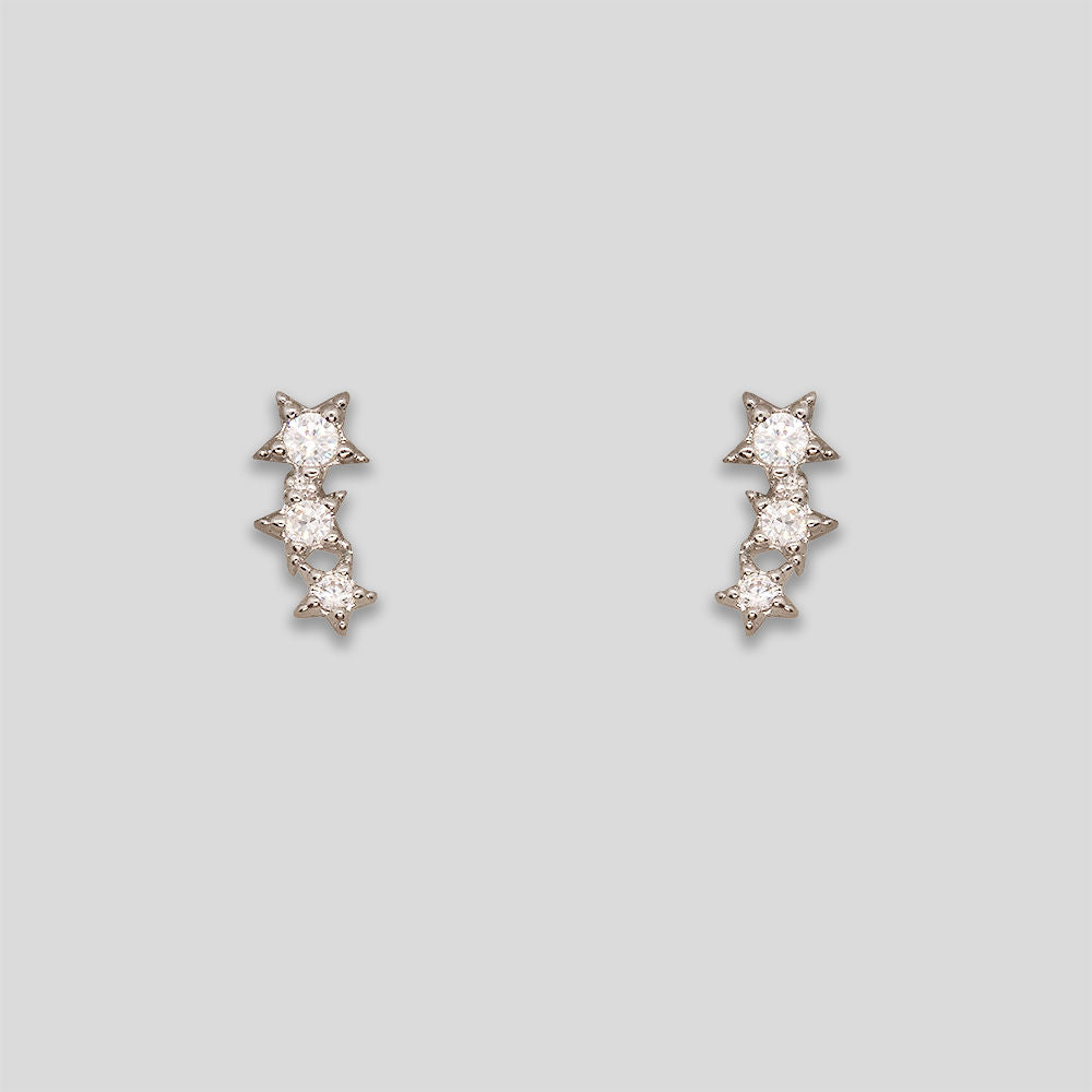 Mini Rhinestone Triple Star Studs - Silver