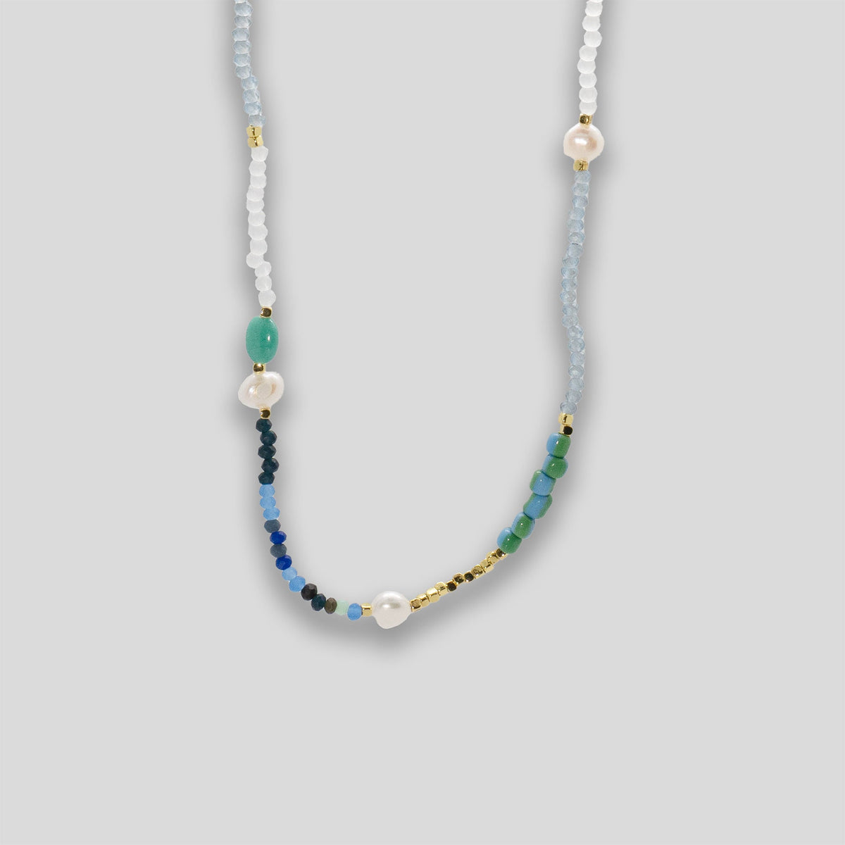 Mixed Beads &amp; Pearl Necklace - Blue/Teal Multi