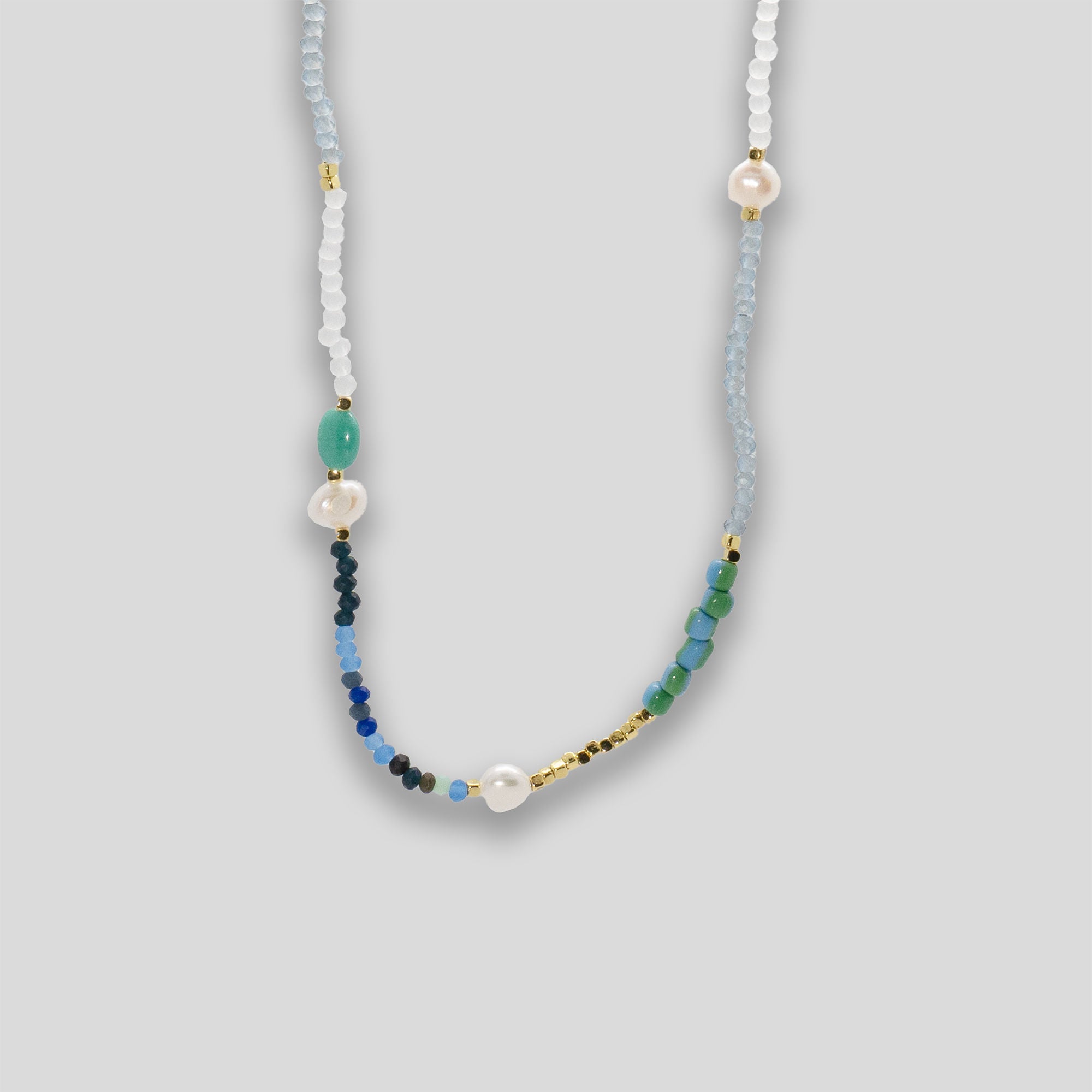 Mixed Beads & Pearl Necklace - Blue/Teal Multi