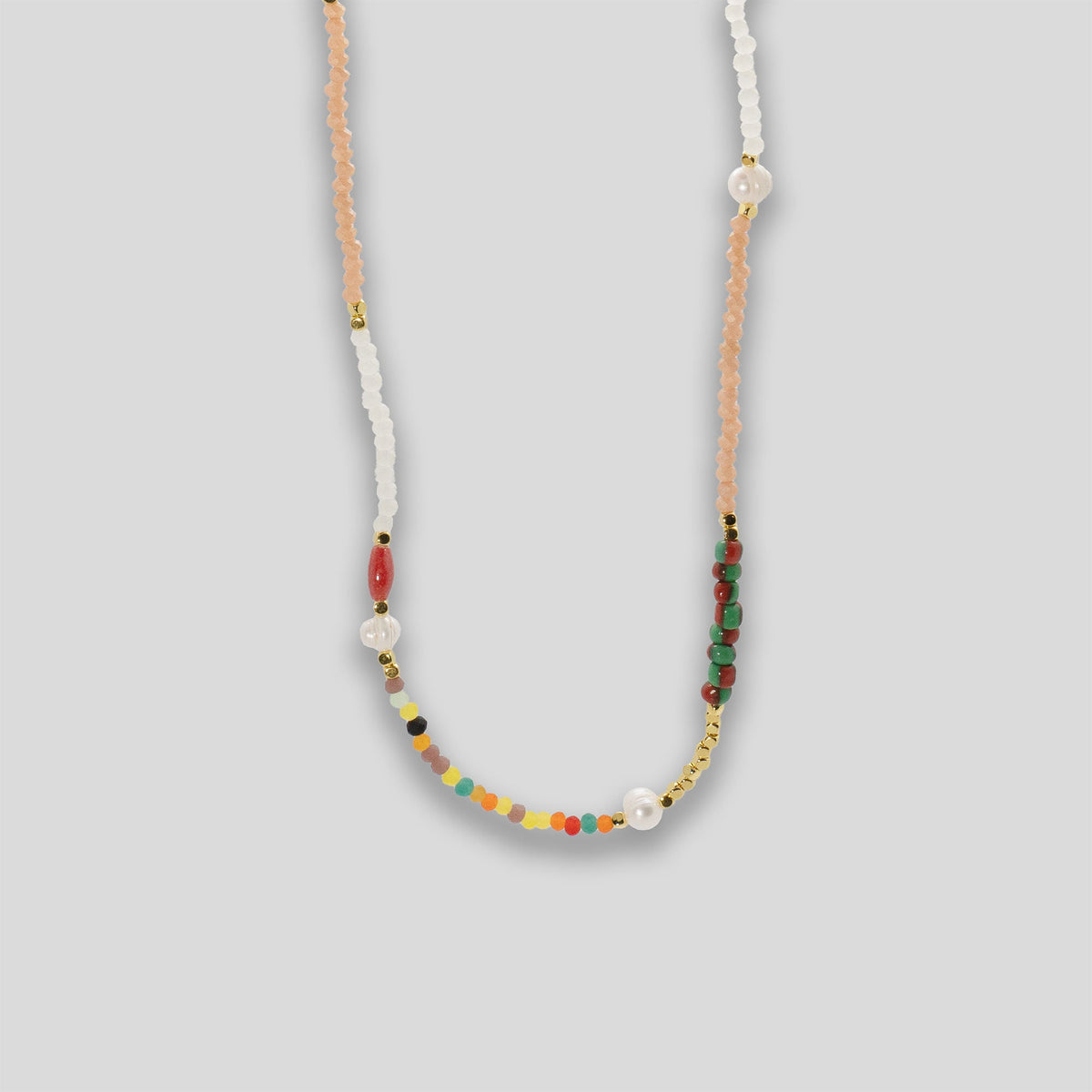 Mixed Beads &amp; Pearl Necklace - Peach/Red Multi