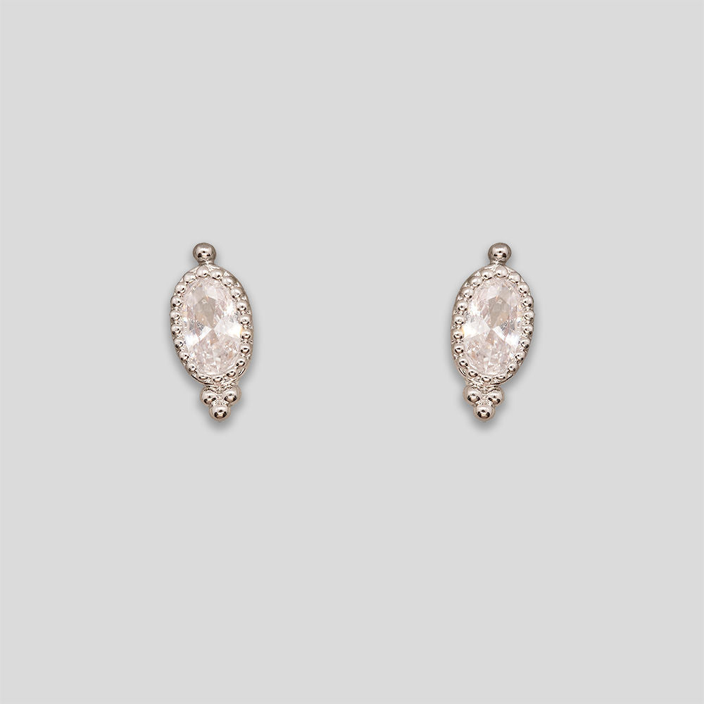 Oval Point &amp; Rhinestone Studs - Silver