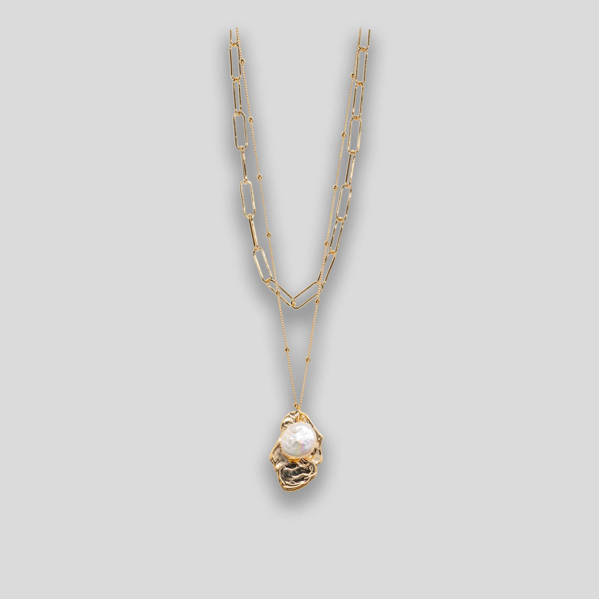 Pearl &amp; Chain Double Necklace - Gold