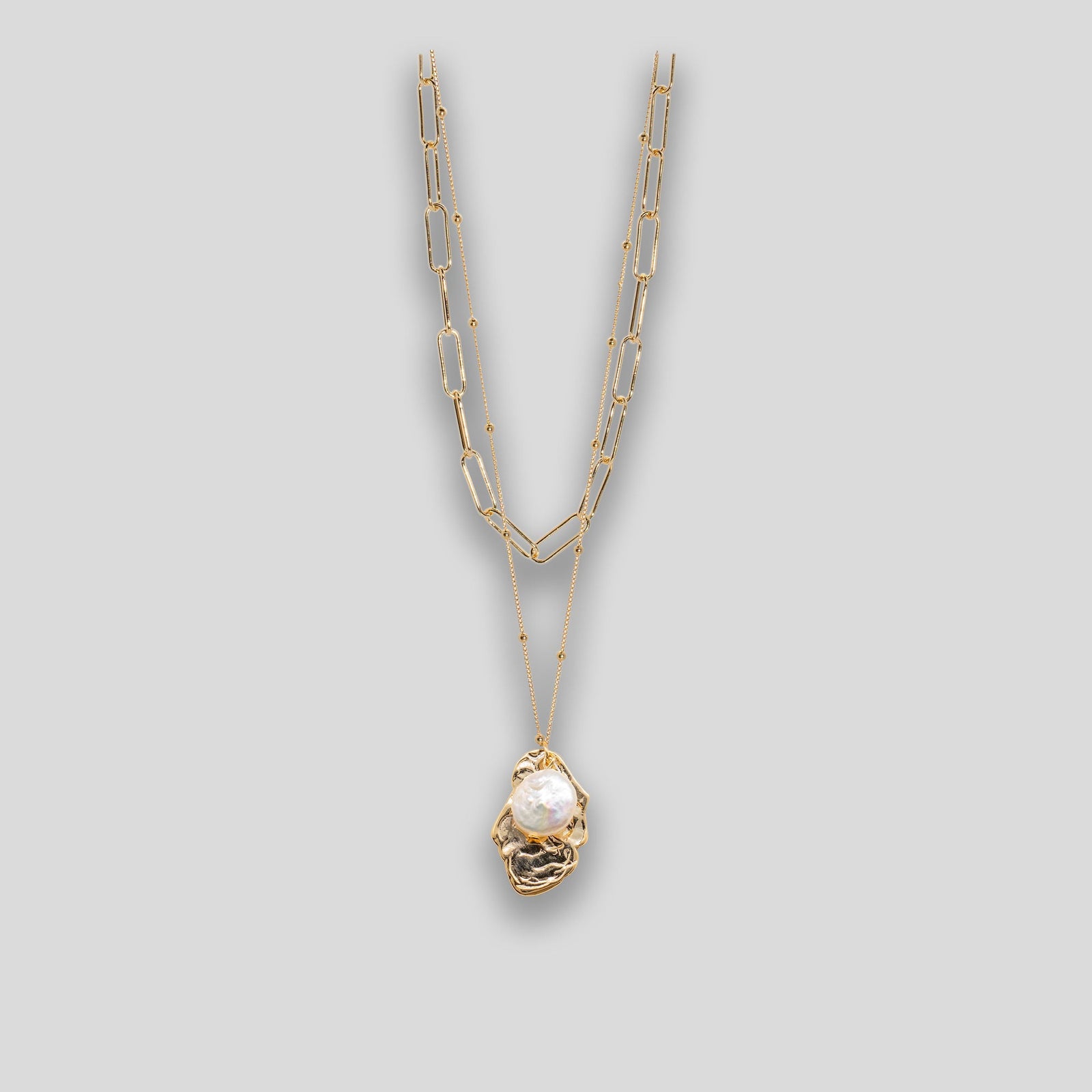 Pearl & Chain Double Necklace - Gold