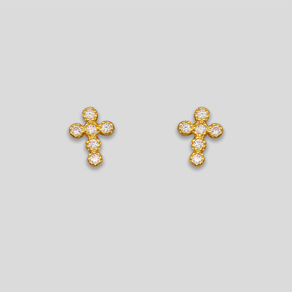 Rhinestone Circle Cross Studs - Gold