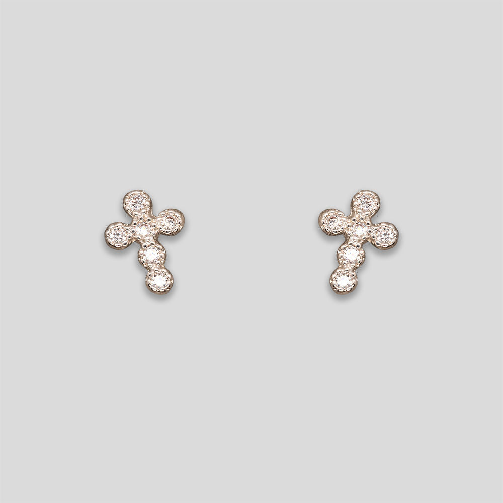 Rhinestone Circle Cross Studs - Silver