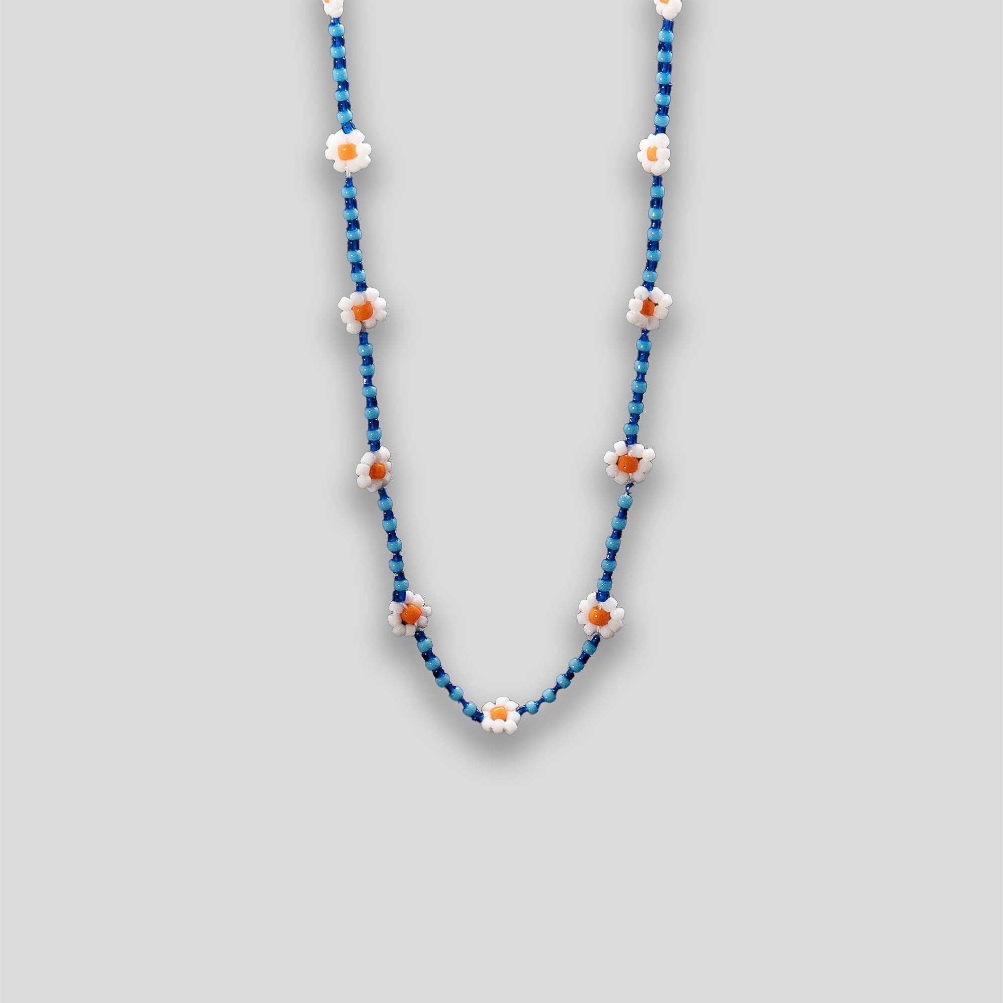 Striped Daisy Chain Beaded Necklace - Blue