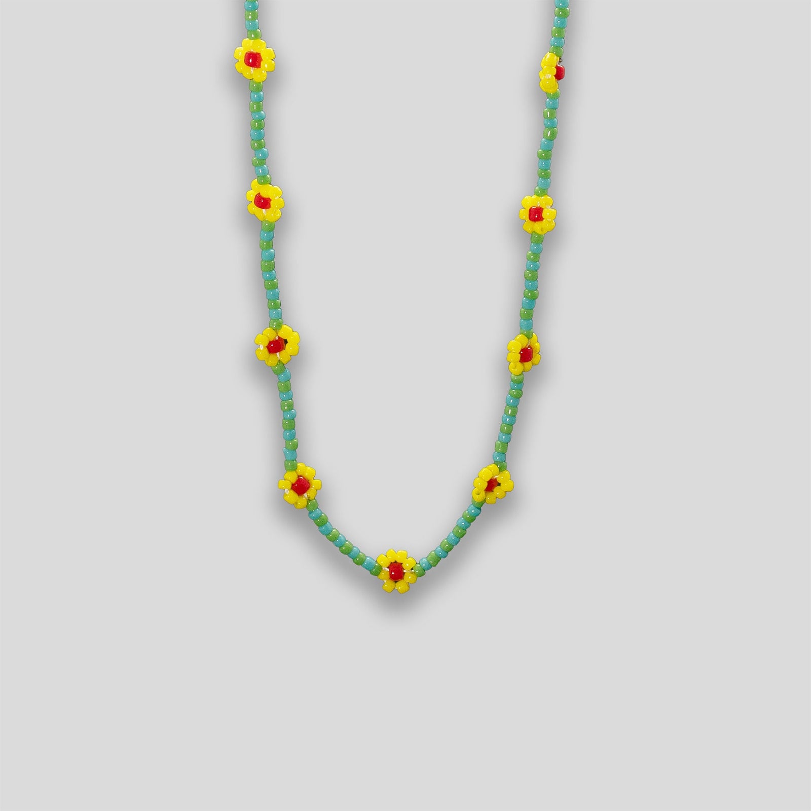 Striped Daisy Chain Beaded Necklace - Green