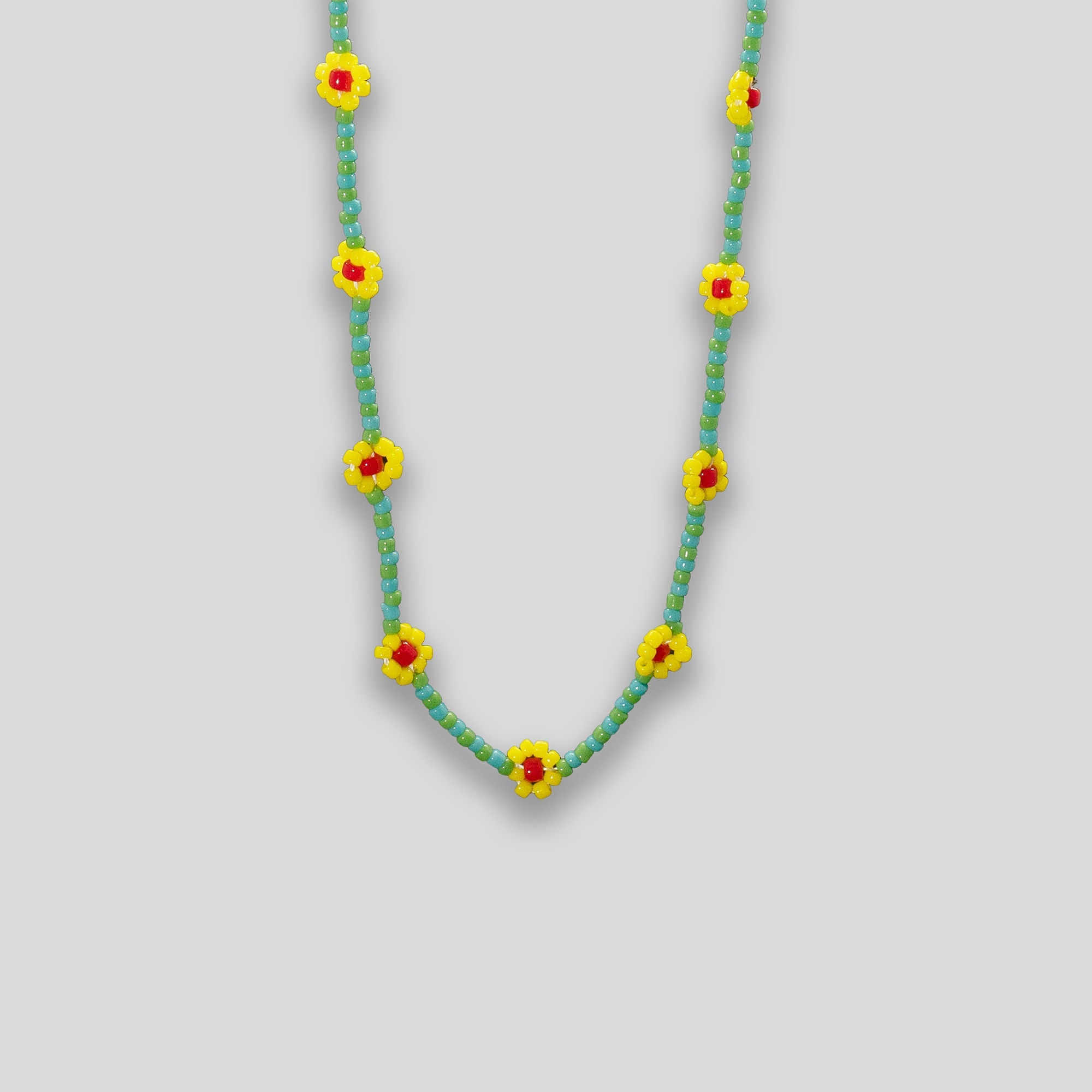 Striped Daisy Chain Beaded Necklace - Green