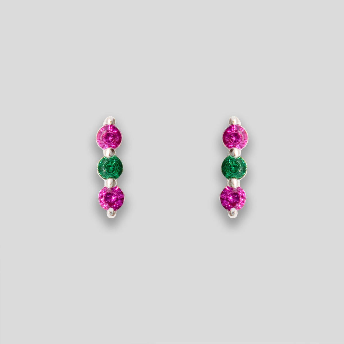 Triple Diamante Line Studs - Magenta/Green