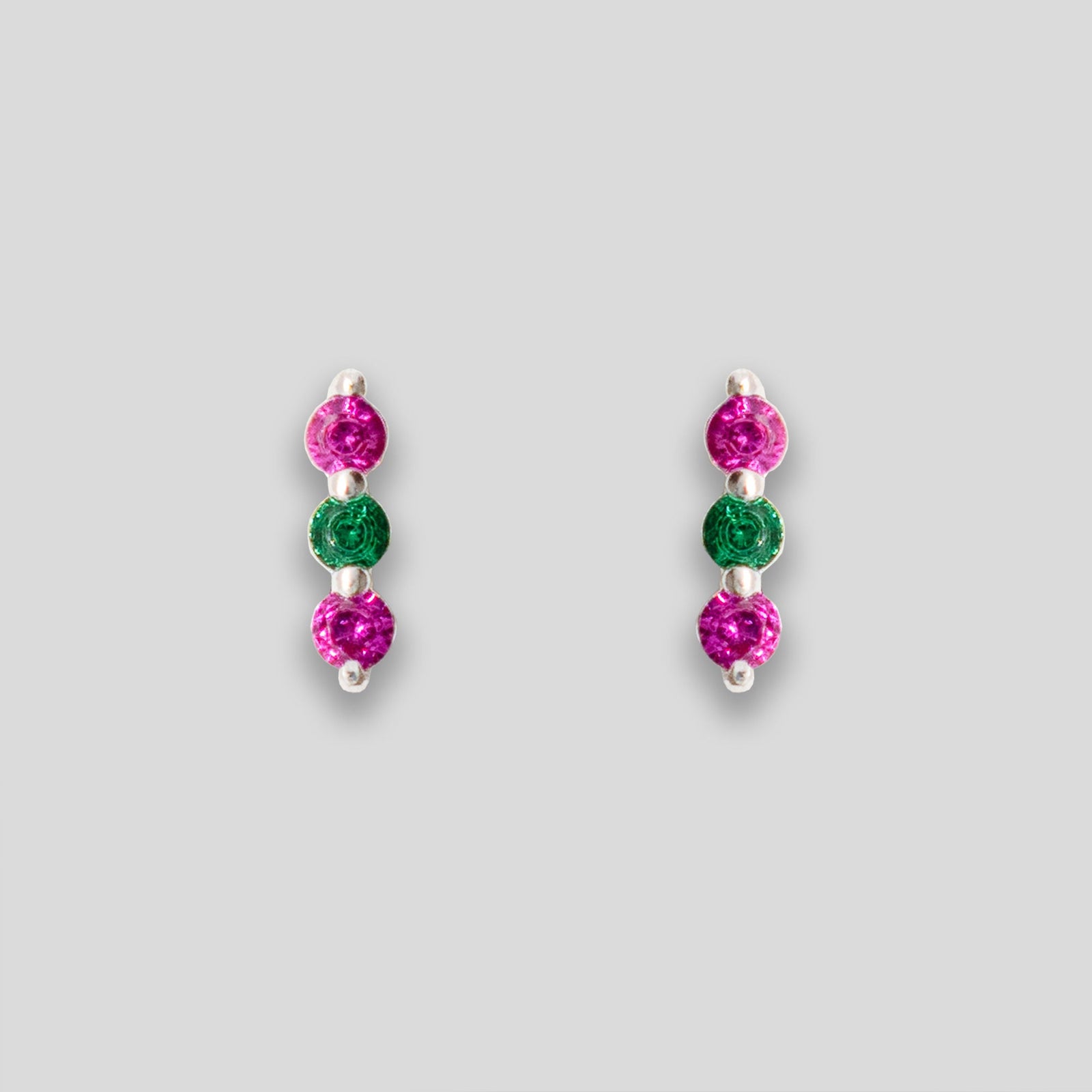 Triple Diamante Line Studs - Magenta/Green