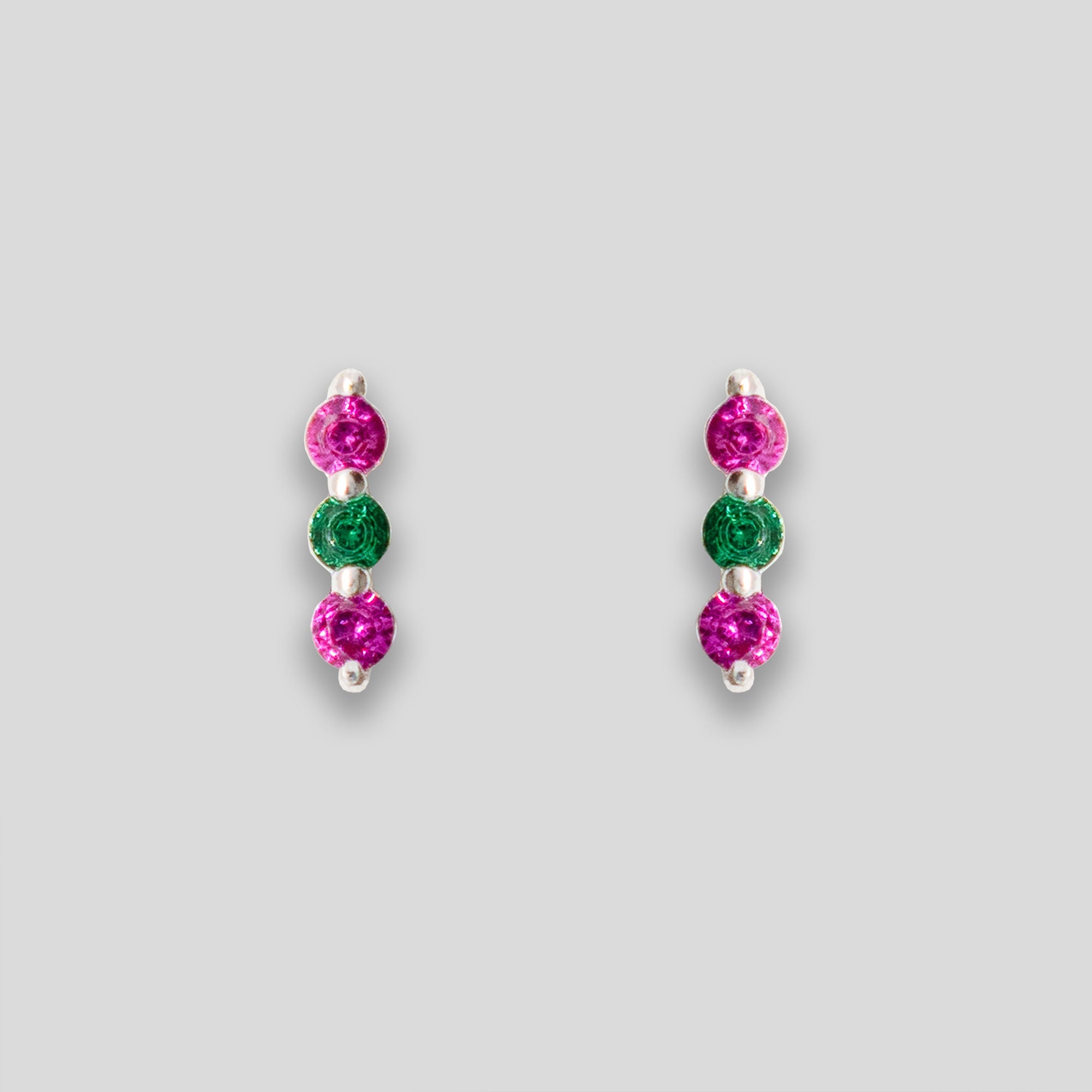 Triple Diamante Line Studs - Magenta/Green